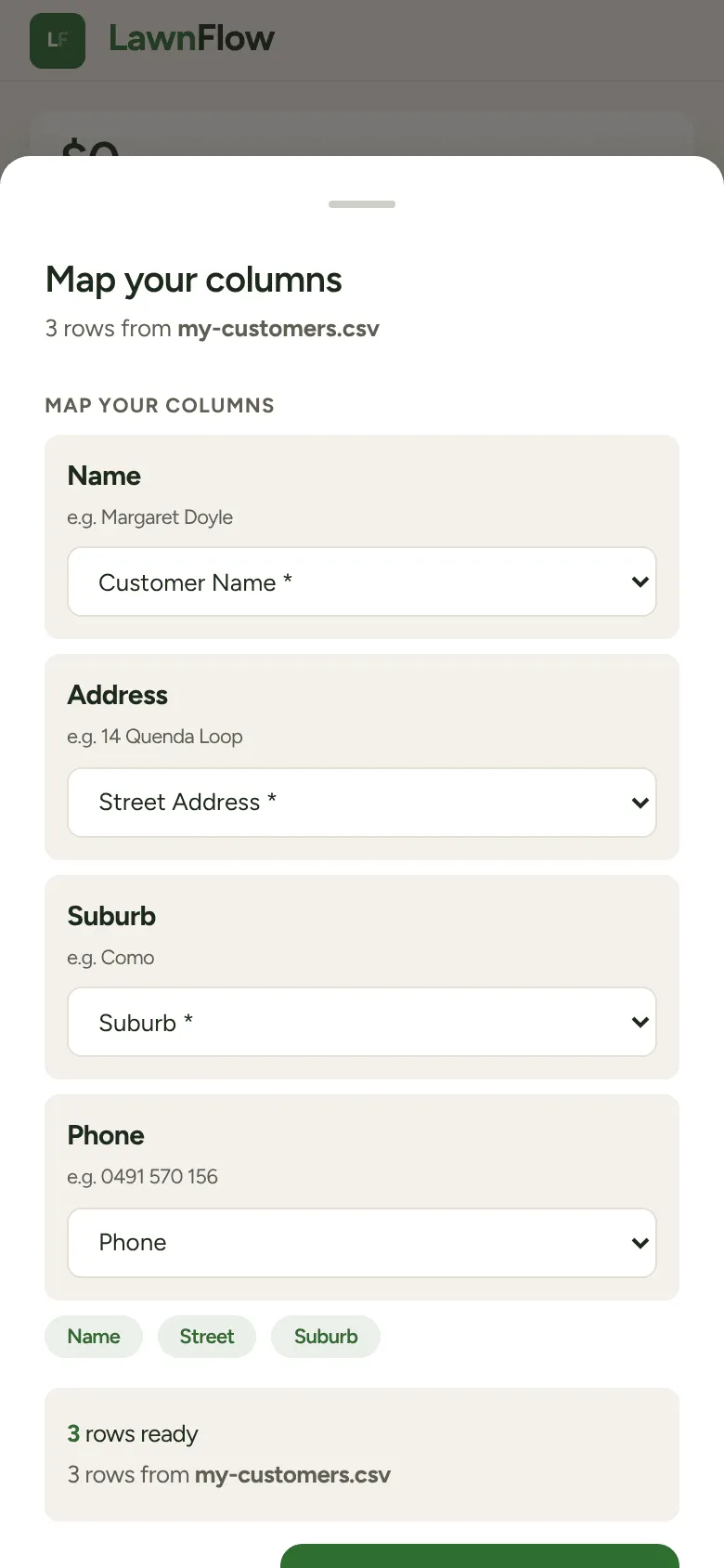 Map your columns: Name, Address, Suburb and Phone matched, 3 rows ready
