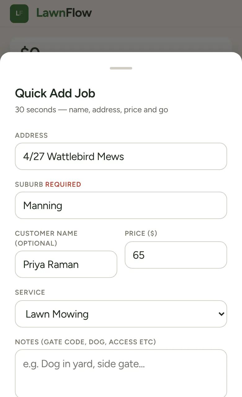 Quick Add Job with a unit address, suburb, name and price filled in