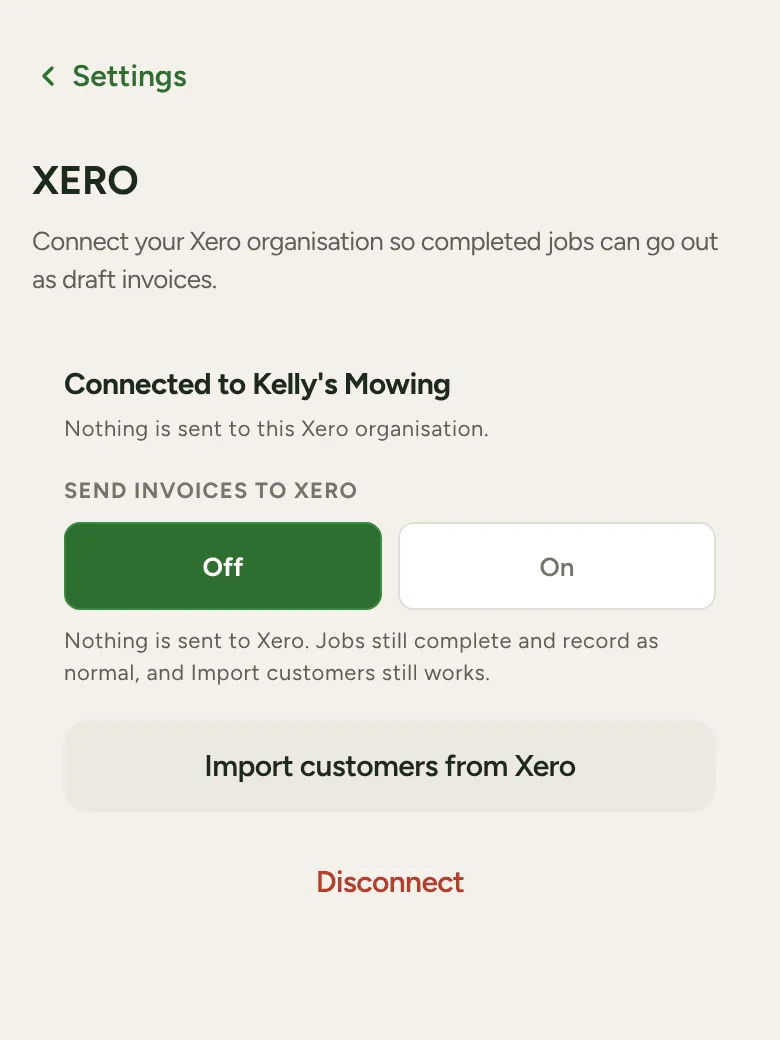 Connected to Xero, with Import customers from Xero